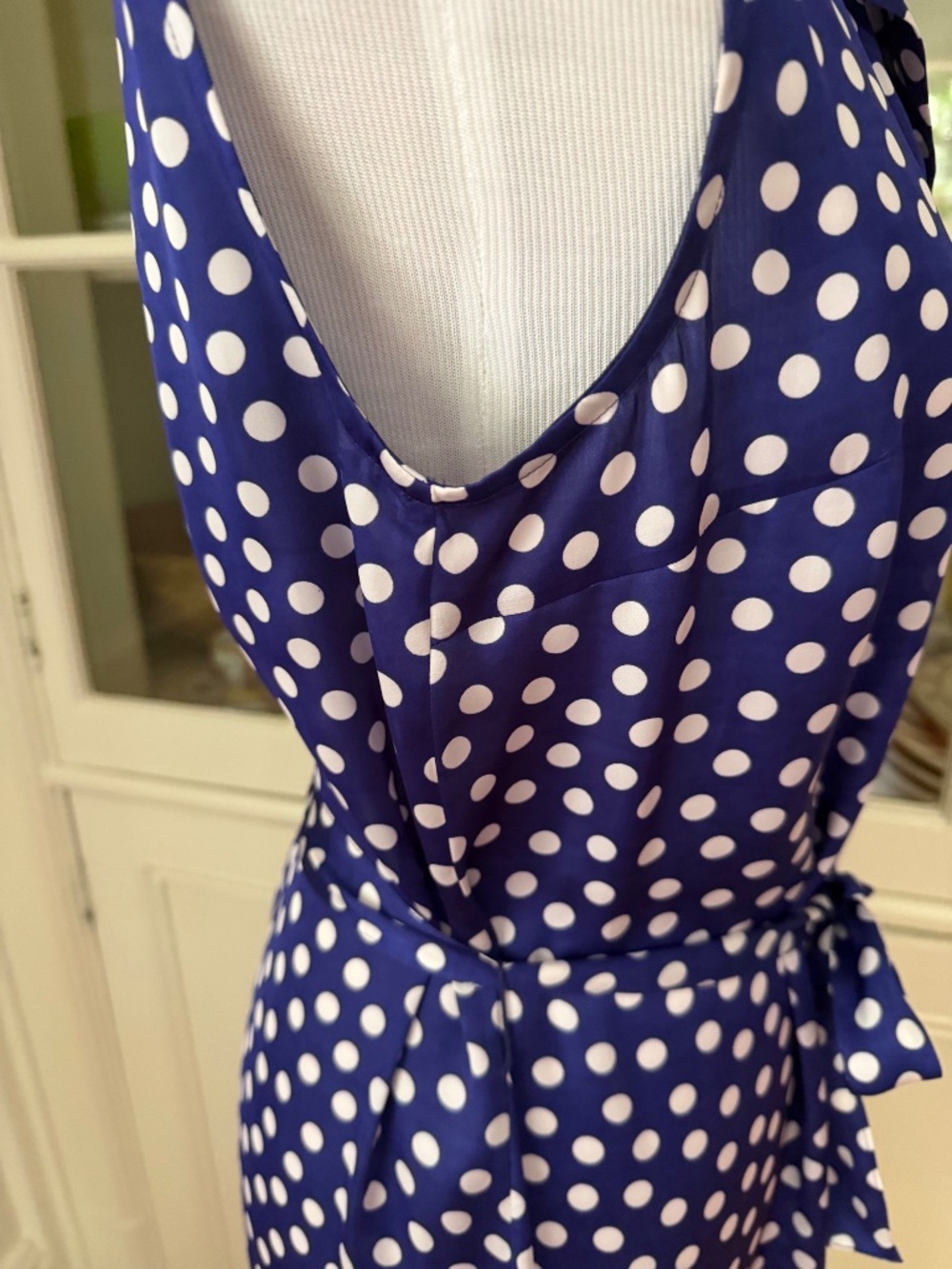 Agnes B. Blue & White Polka Dot Silk Dress, Size 42/US 10, Button Down, Sash - Picture 8 of 8